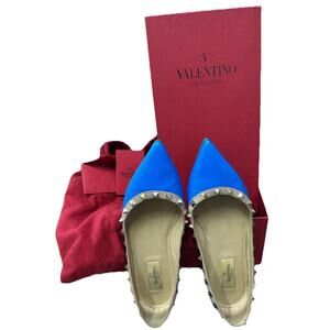 VALENTINO Shoes Ballet Flats Size 37 Blue ROCKSTUD Studded Pointed Toe Luxury